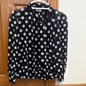 Polka Dot Sheer Black and White Blouse Tie Neck Small Whimsical Parisian Retro
